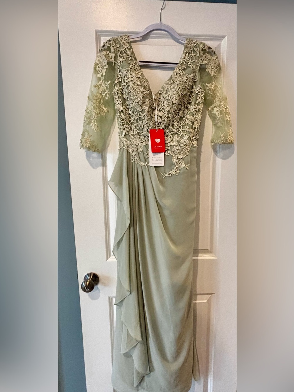 JJs House Sage Green Lace & Chiffon V-Neck Evening Gown